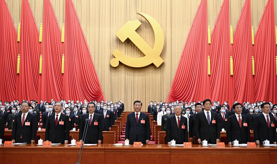 10月16日，中国共产党第二十次全国代表大会在北京人民大会堂开幕。这是习近平、李克强、栗战书、汪洋、王沪 ...